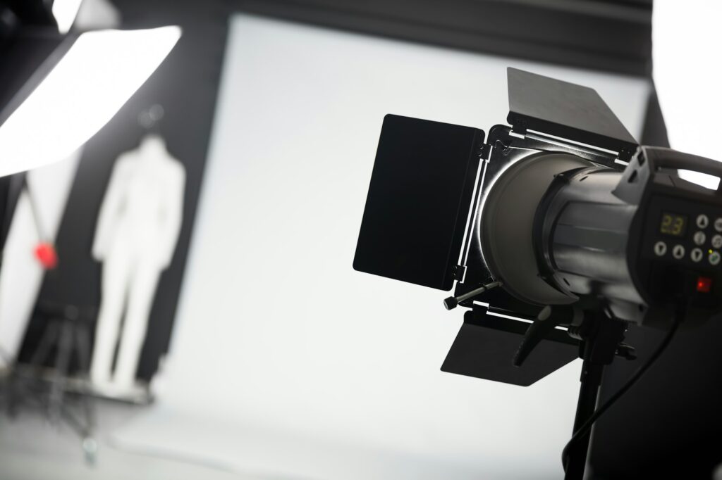 Photo studio with lighting equipment.